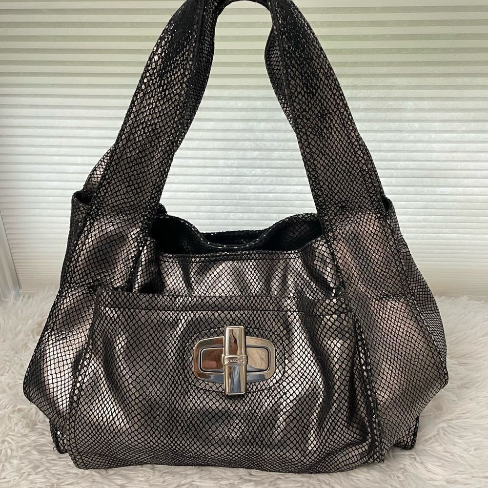 B. Makowsky Hobo Purse‎ Womens Metallic Chrome Coated Leather Shoulder Bag